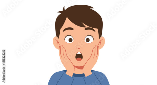 Cartoon illustration of a surprised boy with hands on face expressing shock and awe reaction graphic design