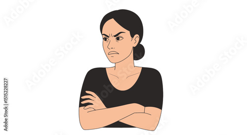 Illustration of an angry woman with arms crossed expressing frustration and negative emotion with furrowed brow