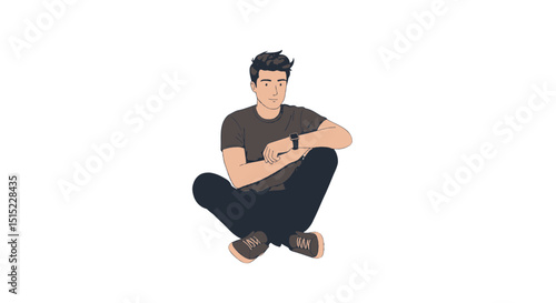 Illustration of a man sitting cross legged wearing a smartwatch and t shirt in a relaxed pose design