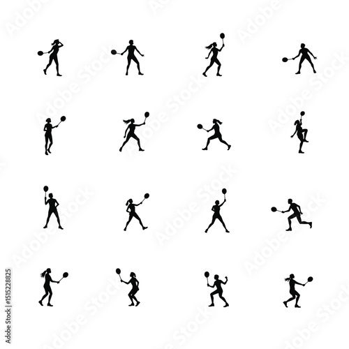 Badminton female player silhouettes action poses set