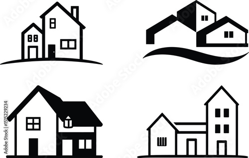 Simple Black House Icons Set Modern Minimalist Home Building Real Estate Property Design Elements Vector Illustration Residential Architecture Suburban Homes Village Houses Logo Roof Door Land Plan   