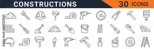 Construction and Building Tools Icons Set in Line Style. Collection of Industry Linear Icons, Including Hammer, Wrench, Drill, Helmet, and more. Editable Stroke Vector Illustration