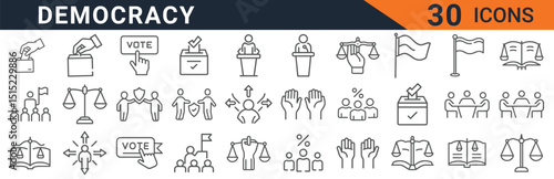 Democracy and Election Icons Set in Line Style. Collection of Political Linear Icons, Including Voting, Justice, Parliament, Flag, and more. Editable Stroke Vector Illustration
