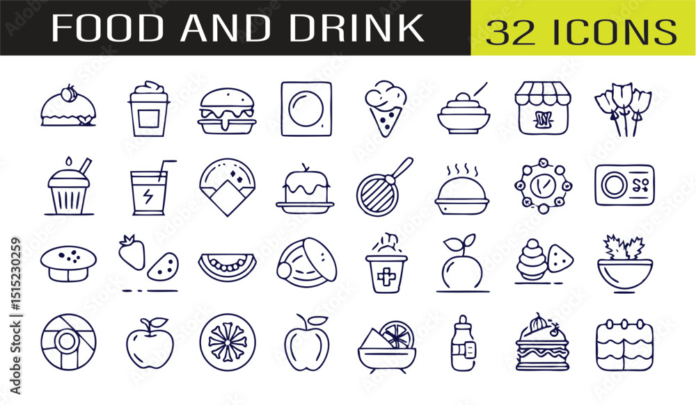 Simple and stylish food and drink icons featuring dessert fruits beverages and various meals Simple and stylish food and drink icons featuring dessert fruits beverages and various meals