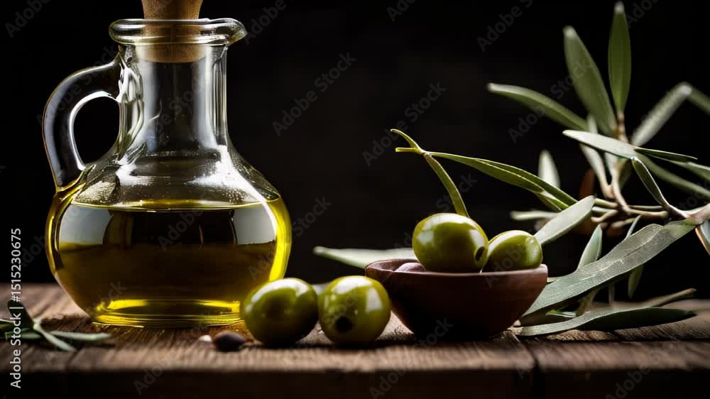 Glass jug of golden olive oil with olives and olive branch on rustic wooden table Glass jug of golden olive oil with olives and olive branch on rustic wooden table