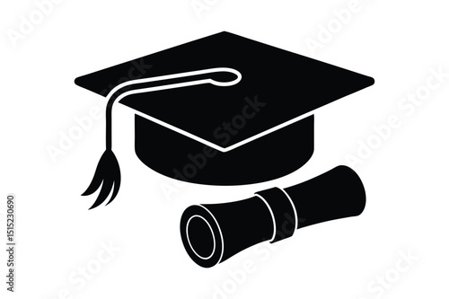 Vector graduation hat and diploma silhouette