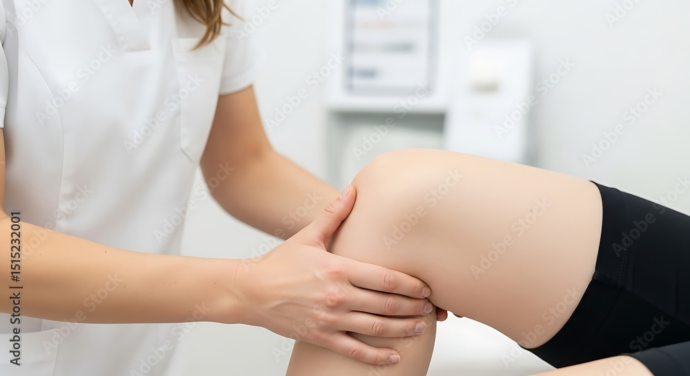 Obraz premium Knee physiotherapy rehabilitation treatment: therapist applying manual therapy for injured knee joint