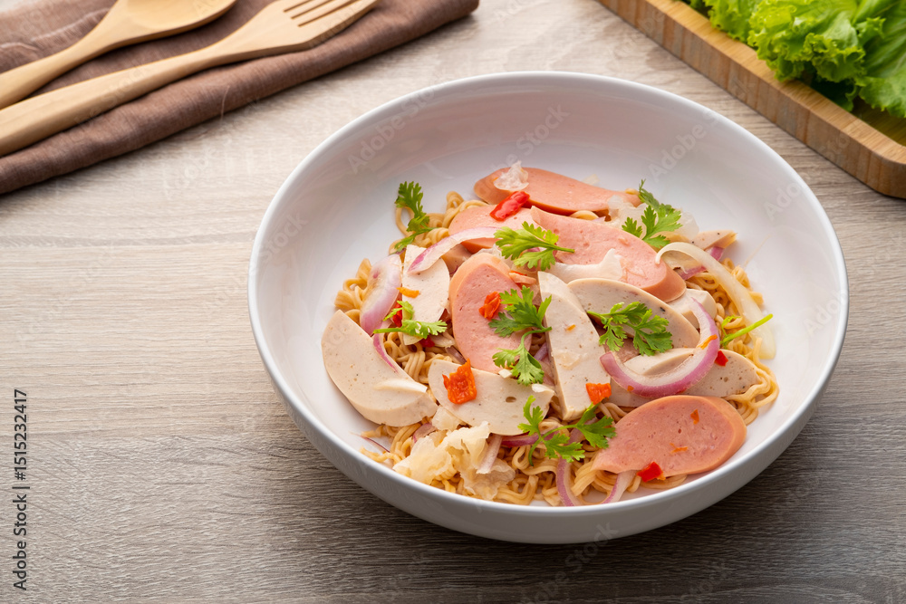 Instant noodle spicy salad,mixed noodles with Vietnamese Sausage and pork Sausage in chili lime sauce.asian food Instant noodle spicy salad,mixed noodles with Vietnamese Sausage and pork Sausage in chili lime sauce.asian food