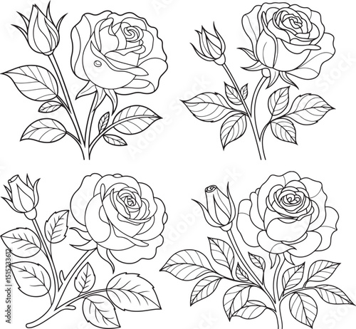 Rose Flowers Line Art Vector – Floral Outline Drawing, Symmetrical Botanical Design, Black and White Rose Clipart for Coloring and Tattoos | Elegant Rose Drawings with Detailed Leaves and Stems