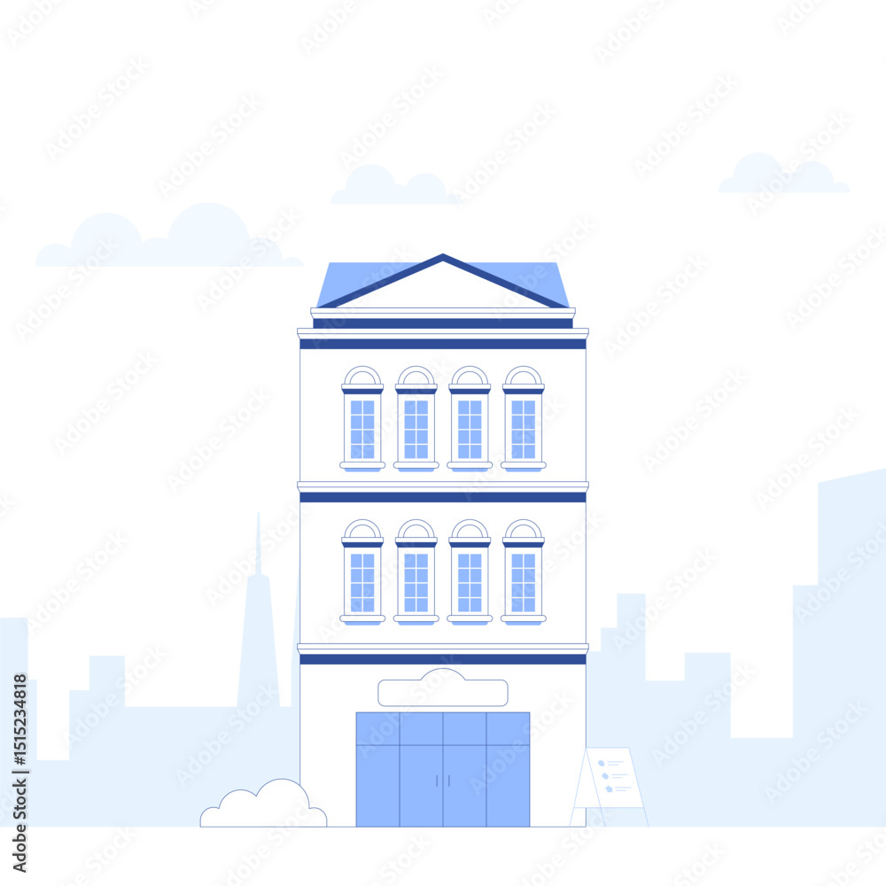 Obraz premium Suburb city street with apartments houses and shop buildings horizontal background. City view with house facades. Abstract architecture modern cityscape panorama. Vector illustration in flat style