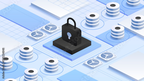 Internet security in software development. Padlock on a platform. Data protection. Server stacks indicating a secure data center environment. Isometric vector illustration
