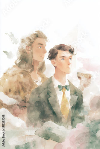 A unique watercolor illustration that captures a symbolic encounter between a prehistoric hunter clad in fur and a modern gentleman dressed in a pastel suit. The image merges two eras  