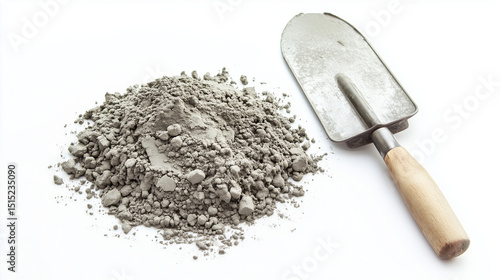 An isolated metal trowel and cement mortar are presented as singular objects on a clean white background.
