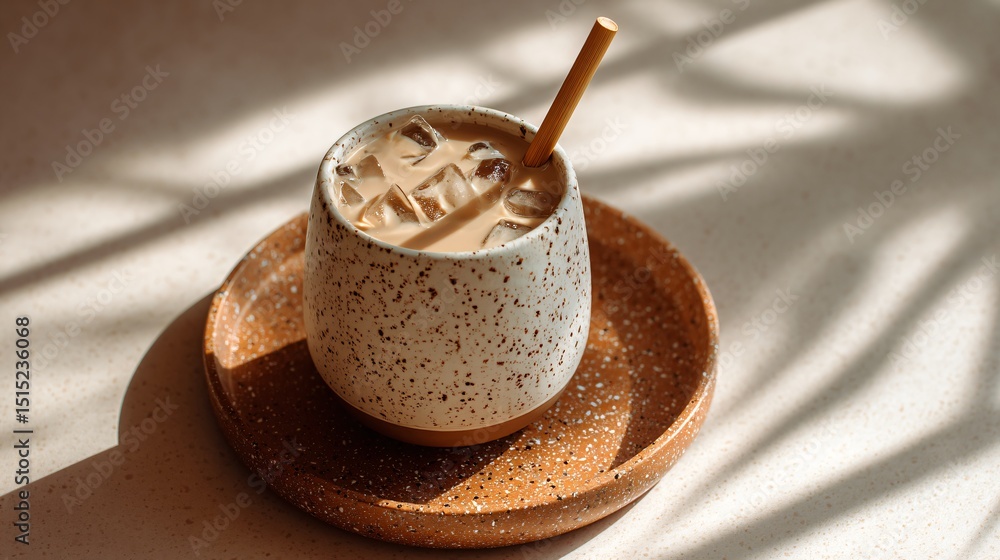 Fototapeta premium Iced chai latte in ceramic cup with a bamboo straw, terrazzo serving tray, cozy shadows