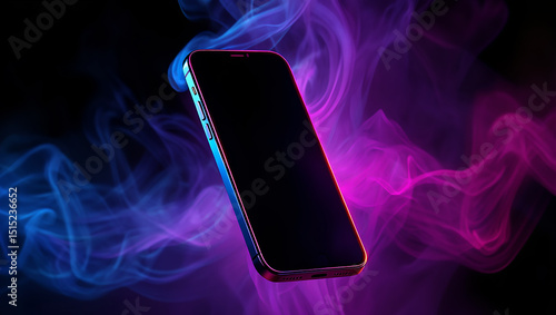 Modern smartphone in vibrant purple and blue smoke
