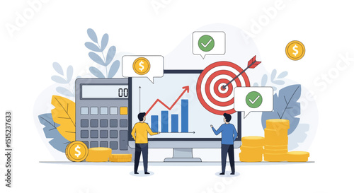 Flat vector illustration depicting business success and target achievement. Two professionals stand by a monitor displaying growth charts and a bullseye. Ideal for finance and strategy