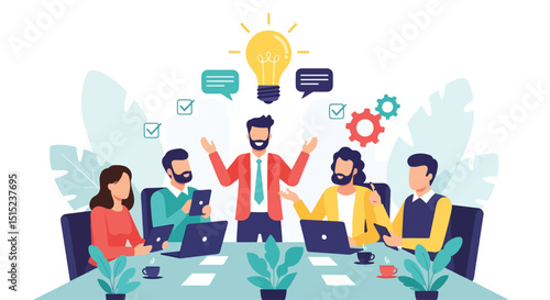 Diverse business team brainstorming innovative ideas in a flat vector illustration, with speech bubbles and a bright lightbulb. Emphasizes collaboration and creative problem-solving