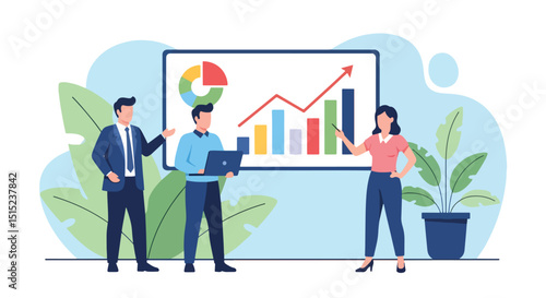 Flat vector illustration of a business presentation with a team discussing growth charts and data. Highlights teamwork and business strategy