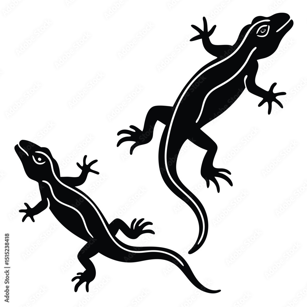 Naklejka premium Black dragon lizard or gecko reptile animal isolated on white background with tail silhouette
