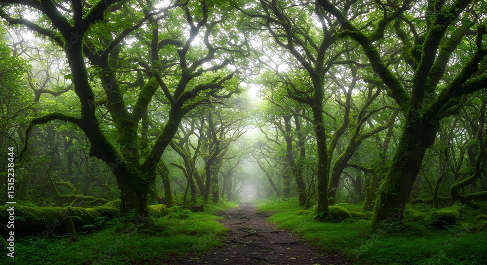 Fototapeta premium Walking Path Through Lush Green Forest with Foggy Atmosphere