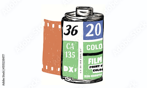 Photo film reel. Camera film roll and the film strip. Vintage camera film print design for t shirt print, poster, sticker, background and other uses.