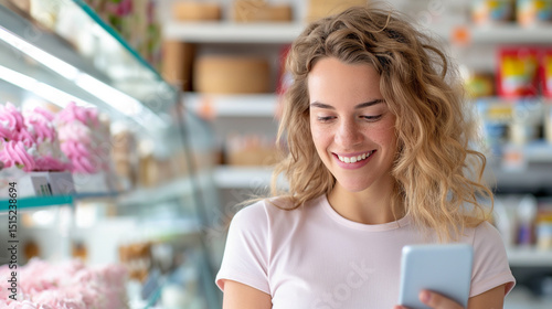 Smiling woman holding a smartphone while shopping in a bakery or grocery store. 