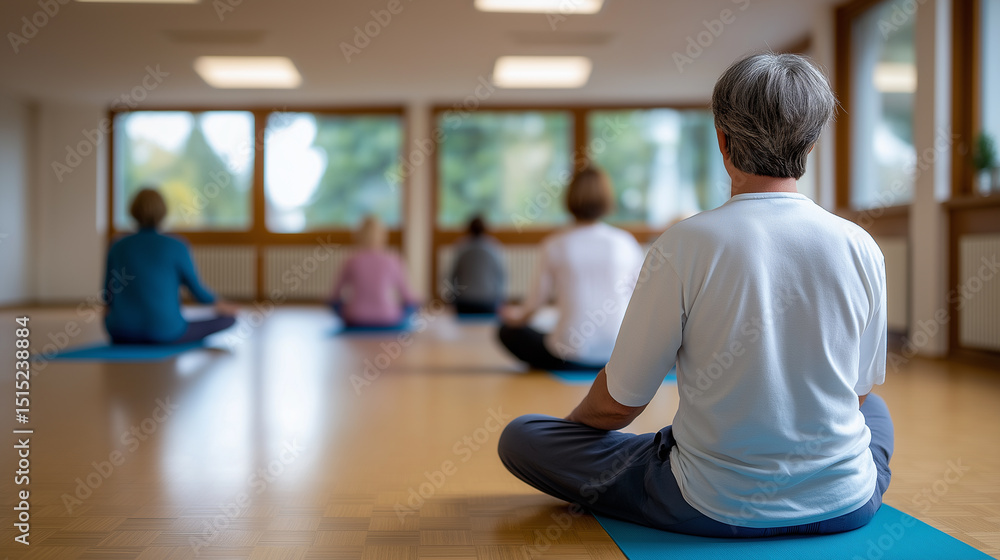 Fototapeta premium Group of older adults meditating on yoga mats in a bright and peaceful studio. 