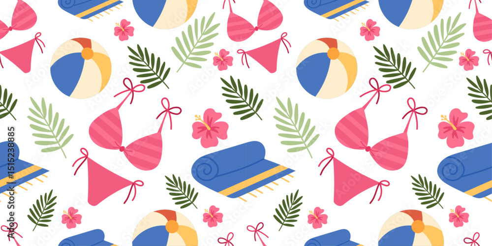 Obraz premium summer beach pattern with bikini, beach towel, inflatable ball, hibiscus flowers, and tropical palm leaves. Vibrant flat vector background for swimwear design, vacation fabric prints, wrapping paper.