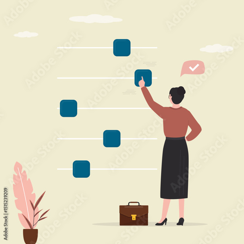 Businesswoman moves sliders and change settings. User adjusts various parameters and customize settings. Setting system preferences,