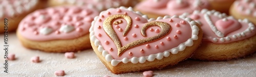Many cookies with pink frosting and gold hearts on them valentine’s day cookies banner