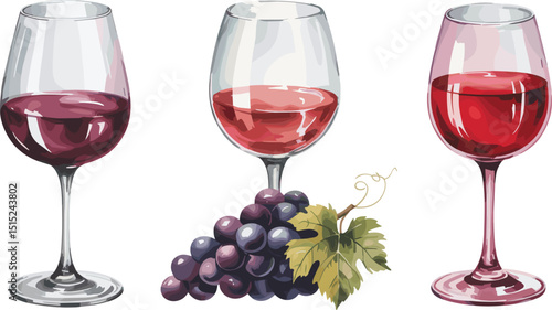 glass of red wine and grapes Vectors illustrations
