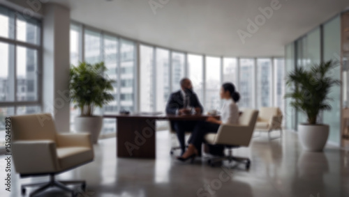 Business people working together in modern office. Blurred background with copy space. Created using generative AI tools
