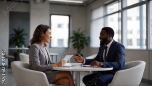 Blurred background of business people discussing documents and ideas at meeting. Blurred image of business people in modern office. Created using generative AI tools
