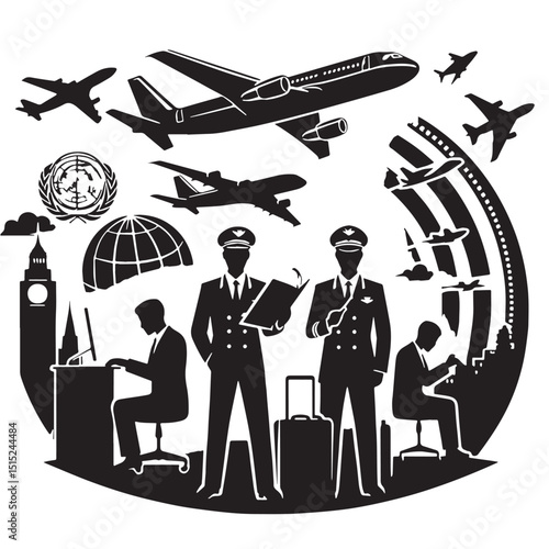 Black Color Aviation Silhouette Vector Illustration, Solid White Background
