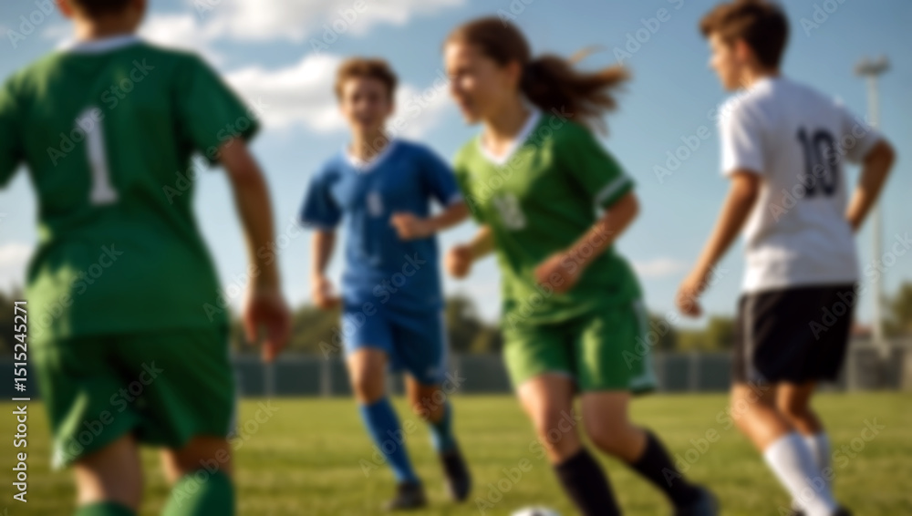 Blurred background of children playing soccer on the field. Focus on foreground. Created using generative AI tools Blurred background of children playing soccer on the field. Focus on foreground. Created using generative AI tools