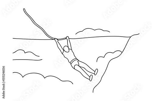 Continuous line drawing man ziplining cliffside adventure