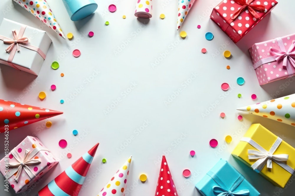 Obraz premium Colorful Party Supplies and Presents Frame a Blank Space for Text or Images