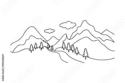Continuous line drawing mountain landscape scenic view