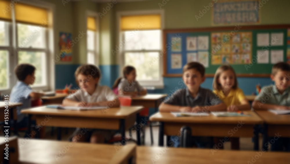 Blurred background of children at a school. Group of students studying in classroom at school, back to school concept. Created using generative AI tools Blurred background of children at a school. Group of students studying in classroom at school, back to school concept. Created using generative AI tools