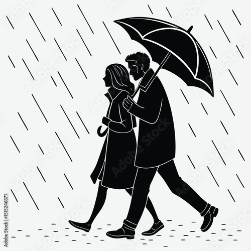 A couple sharing an umbrella in the rain silhouette image vector art and illustration