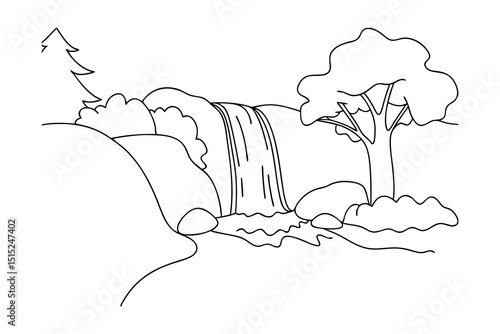 Continuous line drawing waterfall nature scene landscape
