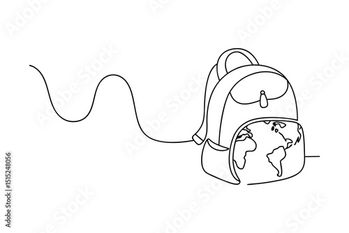 Continous line drawing backpack world travel adventure