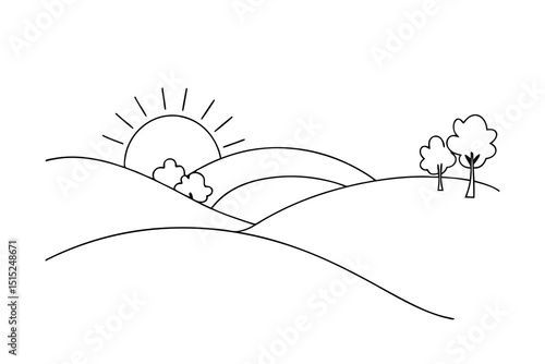 Sun rising over rolling hills continuous line drawing simple landscape