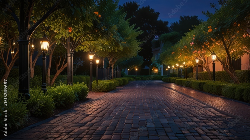 Fototapeta premium Evening stroll through a paved path lined with trees and garden
