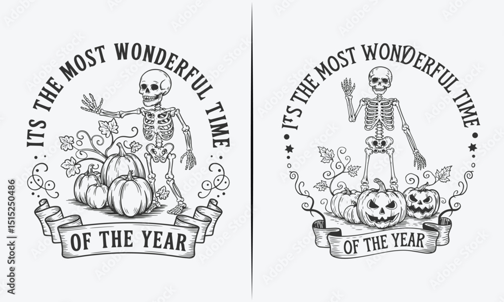 Skeleton with Pumpkins – ‘It’s the Most Wonderful Time of the Year’ Quote – Halloween and Fall-Themed Skeleton Graphic Skeleton with Pumpkins – ‘It’s the Most Wonderful Time of the Year’ Quote – Halloween and Fall-Themed Skeleton Graphic