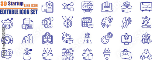 Startup web icons in line style. Modern line art startup icons covering innovation, launch, pitch, funding, growth, and success. 