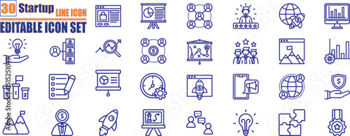 Startup web icons in line style. Modern line art startup icons covering innovation, launch, pitch, funding, growth, and success. 