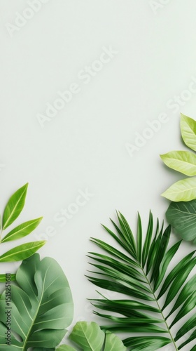 Minimalistic greenery arrangement with tropical leaves on light background