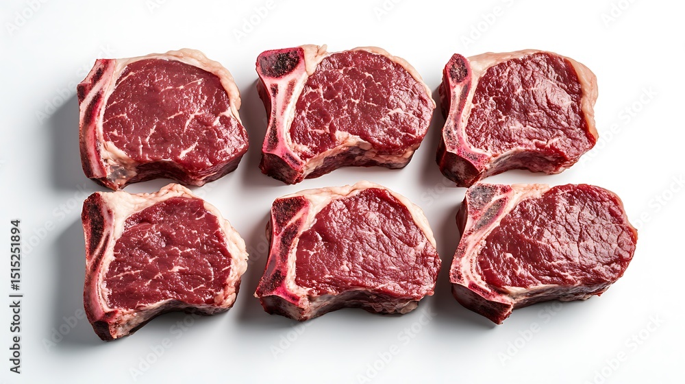 Four raw ribeye steaks stacked on a white surface in a view Four raw ribeye steaks stacked on a white surface in a view