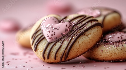 Valentine’s day cookies with chocolate and pink sprinkles on a pink surface copy space